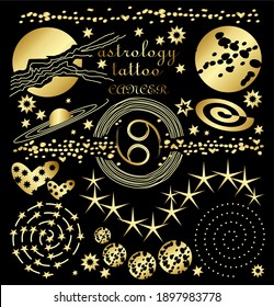 Set of gold tattoo on the theme of astrology. Astrology, esoteric, astronomy, celestial.