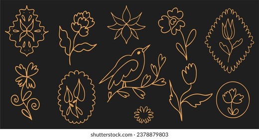 Set of gold tattoo stickers on a black background. Plants, patterns and animals. Vector floral illustration, sketch, icon, print for card and fabric.