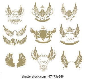 Set of gold tattoo symbols, wings isolated on white background