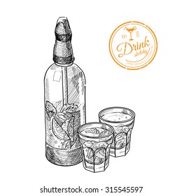Set of gold tequila shot with lime fruits isolated on white background. Hand drawn illustration