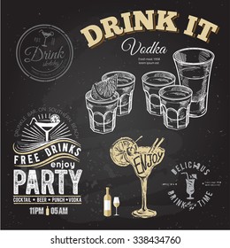 Set of gold tequila shot with lime fruits isolated on chalkboard typographic background.