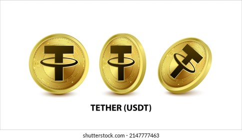 Set of Gold Tether (USDT) Vector illustration. Digital currency. Cryptocurrency. Golden coins with bitcoin, ripple and ethereum symbol isolated on white background. 3D isometric Physical coins.