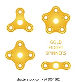 Set of gold textured fidget hand spinner icons. Two, three, four, five arms toys for stress relief and improvement of attention span. Design for banner, poster, advertising. Vector illustration