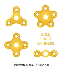 Set of gold textured fidget hand spinner icons. Two, three, four, five arms toys for stress relief and improvement of attention span. Design for banner, poster, advertising. Vector illustration