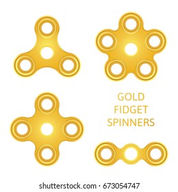 Set of gold textured fidget hand spinner icons. Two, three, four, five arms toys for stress relief and improvement of attention span. Design for banner, poster, advertising. Vector illustration