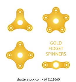 Set of gold textured fidget hand spinner icons. Two, three, four, five arms toys for stress relief and improvement of attention span. Design for banner, poster, advertising. Vector illustration