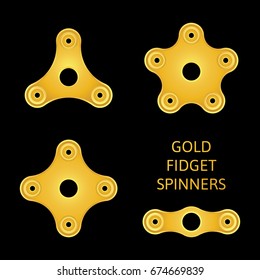 Set of gold textured fidget hand spinner icons. Two, three, four, five arms toys for stress relief and improvement of attention span. Design for banner, poster, advertising. Vector illustration