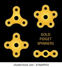 Set of gold textured fidget hand spinner icons. Two, three, four, five arms toys for stress relief and improvement of attention span. Design for banner, poster, advertising. Vector illustration