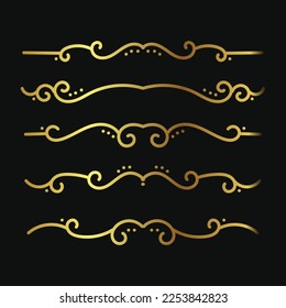 Set of gold textured hand drawn vignettes on black background. Elegant vintage calligraphic borders and dividers for greeting card, retro party, wedding invitation