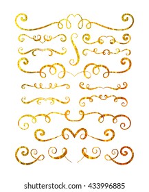 Set of gold textured hand drawn vignettes on white background. Elegant vintage calligraphic borders and dividers for greeting card, retro party, wedding invitation. Vector illustration.