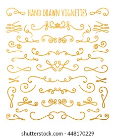 Set of gold textured hand drawn vignettes on white background. Elegant vintage calligraphic borders and dividers for greeting card, retro party, wedding invitation. Vector illustration.