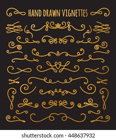 Set of gold textured hand drawn vignettes on black background. Elegant vintage calligraphic borders and dividers for greeting card, retro party, wedding invitation. Vector illustration.