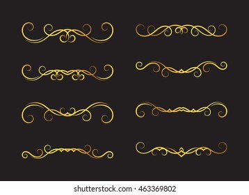 Set of gold textured hand drawn vignettes on black background. Elegant vintage calligraphic borders and dividers for greeting card, retro party, wedding invitation. Vector illustration.