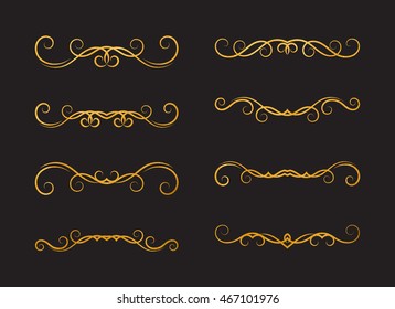 Set of gold textured hand drawn vignettes on black background. Elegant vintage calligraphic borders and dividers for greeting card, retro party, wedding invitation. Vector illustration.