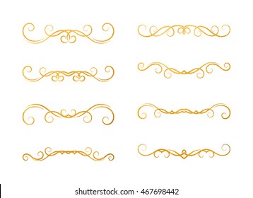Set of gold textured hand drawn vignettes on white background. Elegant vintage calligraphic borders and dividers for greeting card, retro party, wedding invitation. Vector illustration.