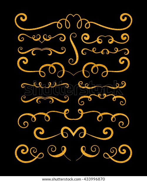 Set of\
gold textured hand drawn vignettes on black background. Elegant\
vintage calligraphic borders and dividers for greeting card, retro\
party, wedding invitation. Vector\
illustration.
