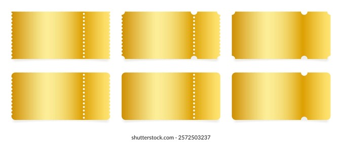 Set of gold ticket mockups with ruffle edges and shadows. Empty template. Concert, movie or theater ticket. Boarding blank, lottery, sale coupon