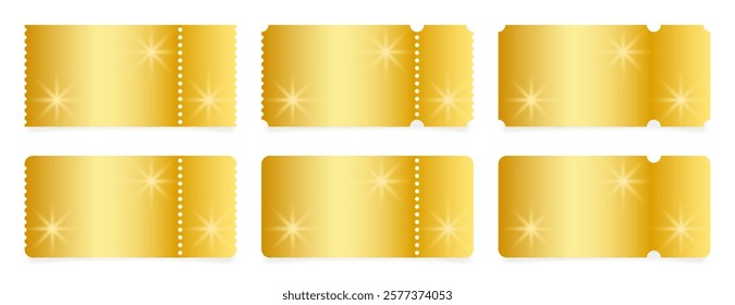 Set of gold ticket mockups with ruffle edges, shining stars and shadows. Empty template. Concert, movie or theater ticket. Boarding blank, lottery, sale coupon