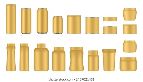 Set of gold tin cans and jars. Coffee or tea canister. Tin can for preserves or pet food. Beer, cocktail or soda can. Chips tube. Cookie jar. Round box for sugar or flour