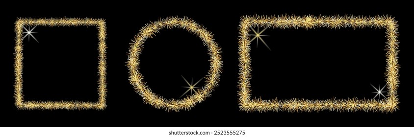 Set of gold tinsel frames with blank space for text for Christmas sale design, advertisement. Vector graphics 