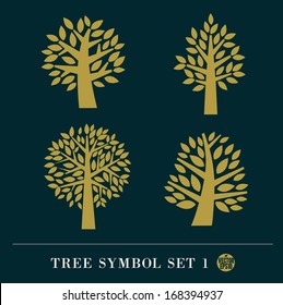 Set of gold Tree symbol isolated on dark background, vector illustration