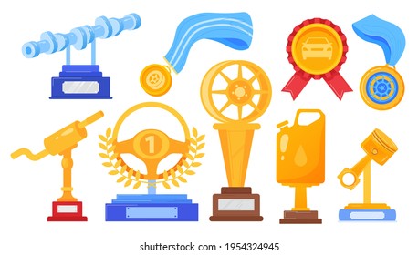 Set gold trophies, successful automobile driver, championship winner, sports car, flat vector illustration, isolated on white.