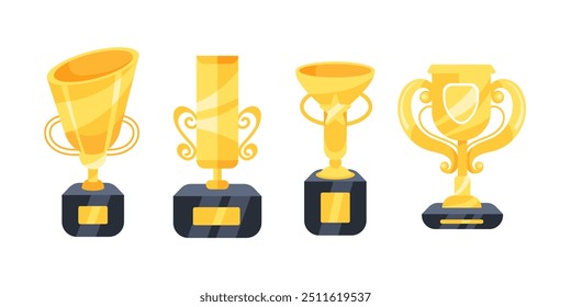 Set of gold trophy cups of different shapes with handles standing on pedestals with empty nameplates for winners