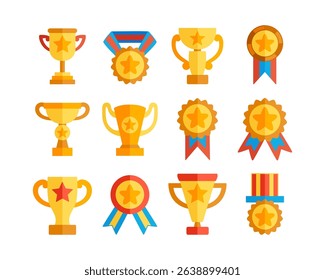 Set of gold trophy and medal icons representing winning, championship, and achievement in competition