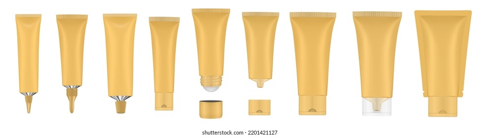 Set of gold tubes and bottles. Roller ball tube. Open and closed blank tubes with screw cap. Realistic mockup. Long nozzle tube. Ointment or salve. Gel serum. Korean packaging