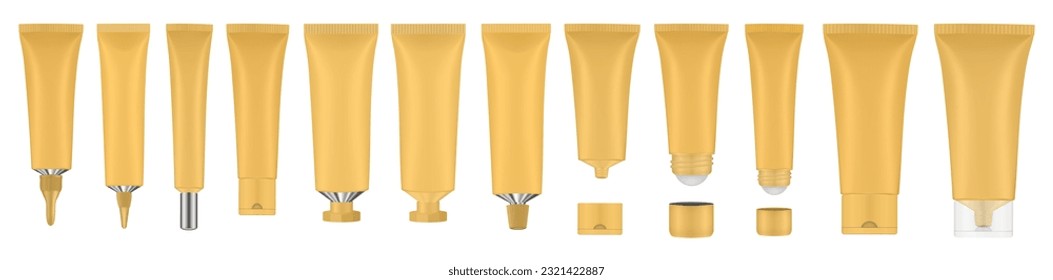 Set of gold tubes and bottles. Roller ball tube. Open and closed blank tubes with screw cap. Realistic mockup. Long nozzle tube. Ointment or salve. Gel serum. Korean packaging