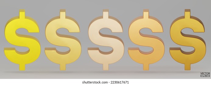 Set of gold US dollar currency symbol isolated on white background. Golden dollar sign. 3D signs money currency sign. 3D vector Illustration.