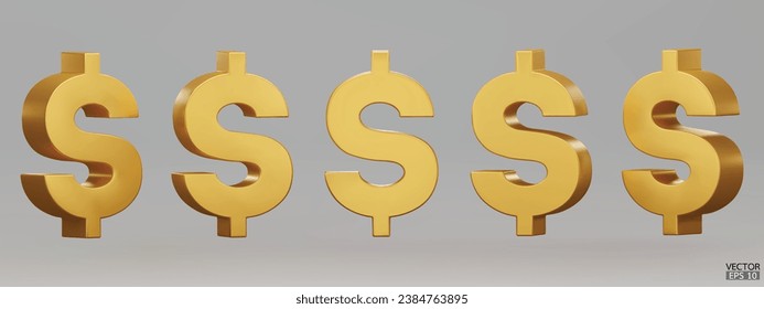 Conjunto de símbolos de la moneda del dólar estadounidense en oro aislados en fondo gris. Signo de dólar dorado. 3D firma el signo de la moneda del dinero. Ilustración vectorial 3D.