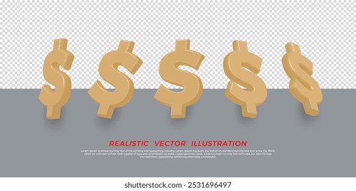 Set of gold US dollar currency with different angles isolated on transparent background. Gold dollar sign
