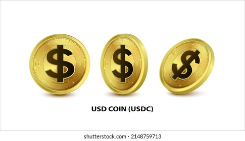 Set of Gold USD Coin (USDC) Vector illustration. Digital currency. Cryptocurrency. Golden coins with bitcoin, ripple and ethereum symbol isolated on white background. 3D isometric Physical coins.