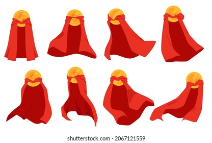 Set of gold various countries currency coins in red superhero cape, flat vector illustration isolated on white background. Symbols of money in superpower man cloak.