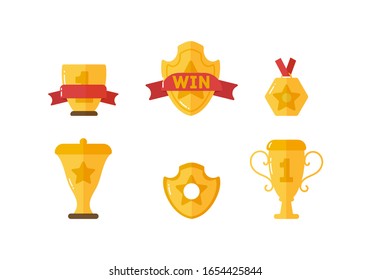 Set of gold vector awards icons of success and victory with trophies, stars, cups, ribbons, medals. Award for winners. Gold cups, medals and other sports trophies for winners in flat design. 