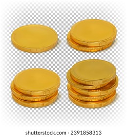 Set of gold vector chocolate coins isolated on a transparent background lying in a stack on the surface.