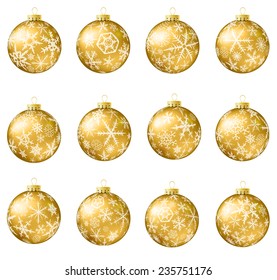 Set of gold vector Christmas balls with snowflakes ornament.