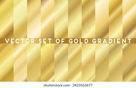 Set of gold vector gradients. Art design collection of metal palette. Various combination, color swatch for background, template, backdrop, cover, card, wallpaper, presentation, banner, flier. EPS 10