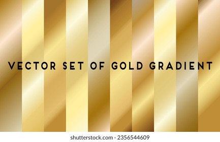 Set of gold vector gradients. Hand drawing collection of metal palette. Various combination, color swatch for background, template, backdrop, social, cover, card, design, wallpaper, presentation, web.