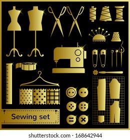 Set of gold vector icons with sewing elements