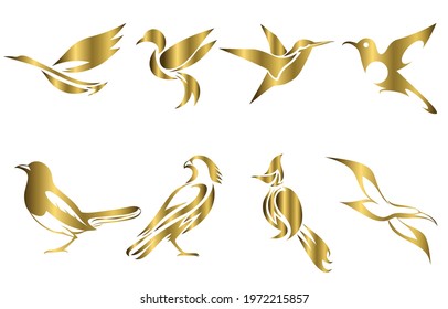 Set of gold vector images of various birds such as heron hummingbird magpie falcon seagull and Spigot bulbul Good use for symbol mascot icon avatar and logo