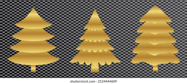 set of gold vector stylized Christmas tree, Golden Christmas tree design collection. Elegant template with Gold Shining Pine with Snowflakes, Golden glowing spruce in a luxurious design. Vector on png
