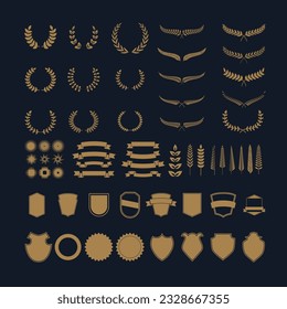 Set of gold vector wreaths and branches. Design element for logo, label, emblem, sign, badge. Vector illustration.