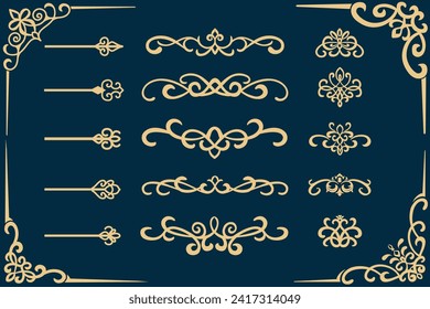 Set gold vintage border frame and corner ornament. Classic elegant golden premium element. Vector illustration.