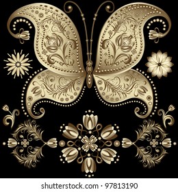 Set gold vintage butterfly and flowers on black (vector)