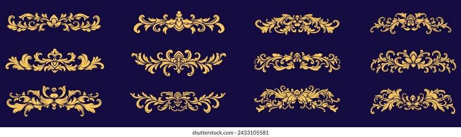 Set of gold vintage decorative elements, victorian, calligraphy, borders, dividers, flourish, fancy, arabesque. Golden Luxury Elegant ornament for typescript, labels and badges vector illustration	
