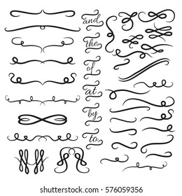 Set of gold vintage design elements for text. Hand drawn swirls, flourishes, dividers and curls. Vector illustration.