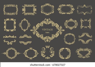 Set of gold vintage floral frames. Vector decorative borders.