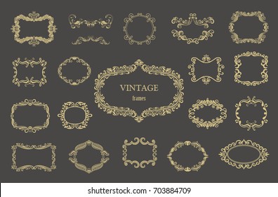 Set of gold vintage floral frames and monograms. Vector decorative borders.